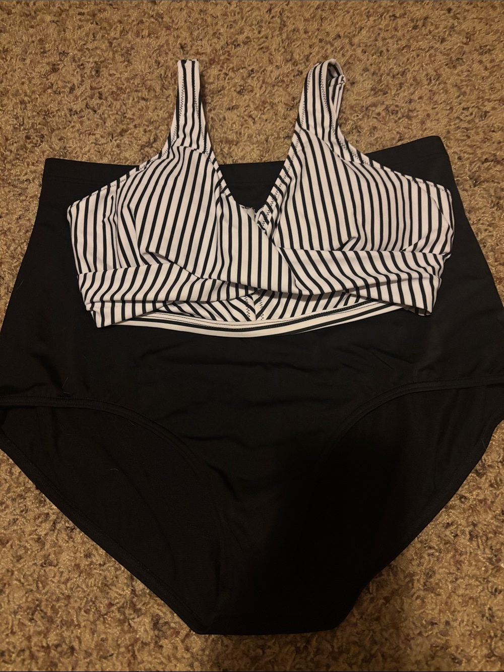 Striped Black & White Women's Swim Top and High-Waist Bottom Set